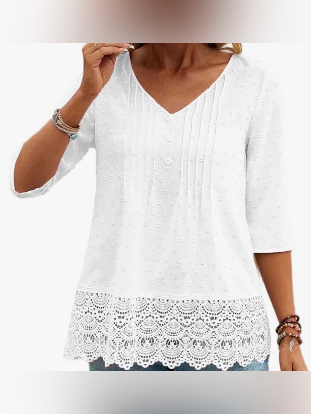 White V-Neck Pintuck Tunic with Lace Hem - Picture 1 of 7